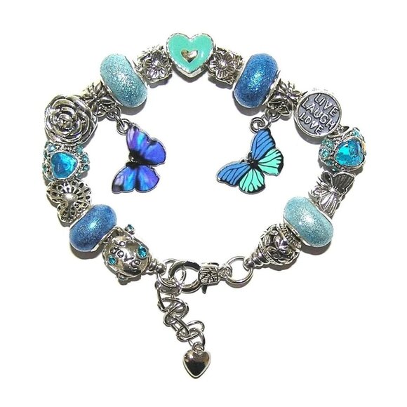 Blue Butterfly Bracelet With European Charms & Beads, Sparkling Crystals NEW - Picture 1 of 4